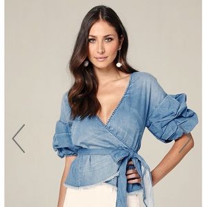 Bebe royal denim wrap top.
